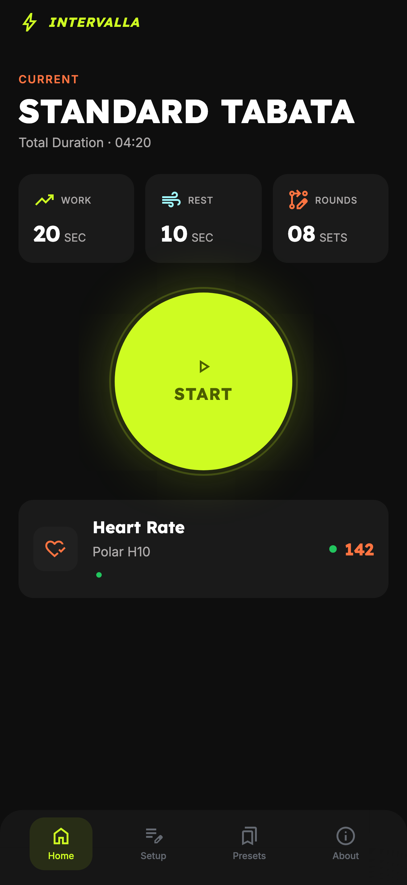 Home screen showing workout configuration with heart rate connected