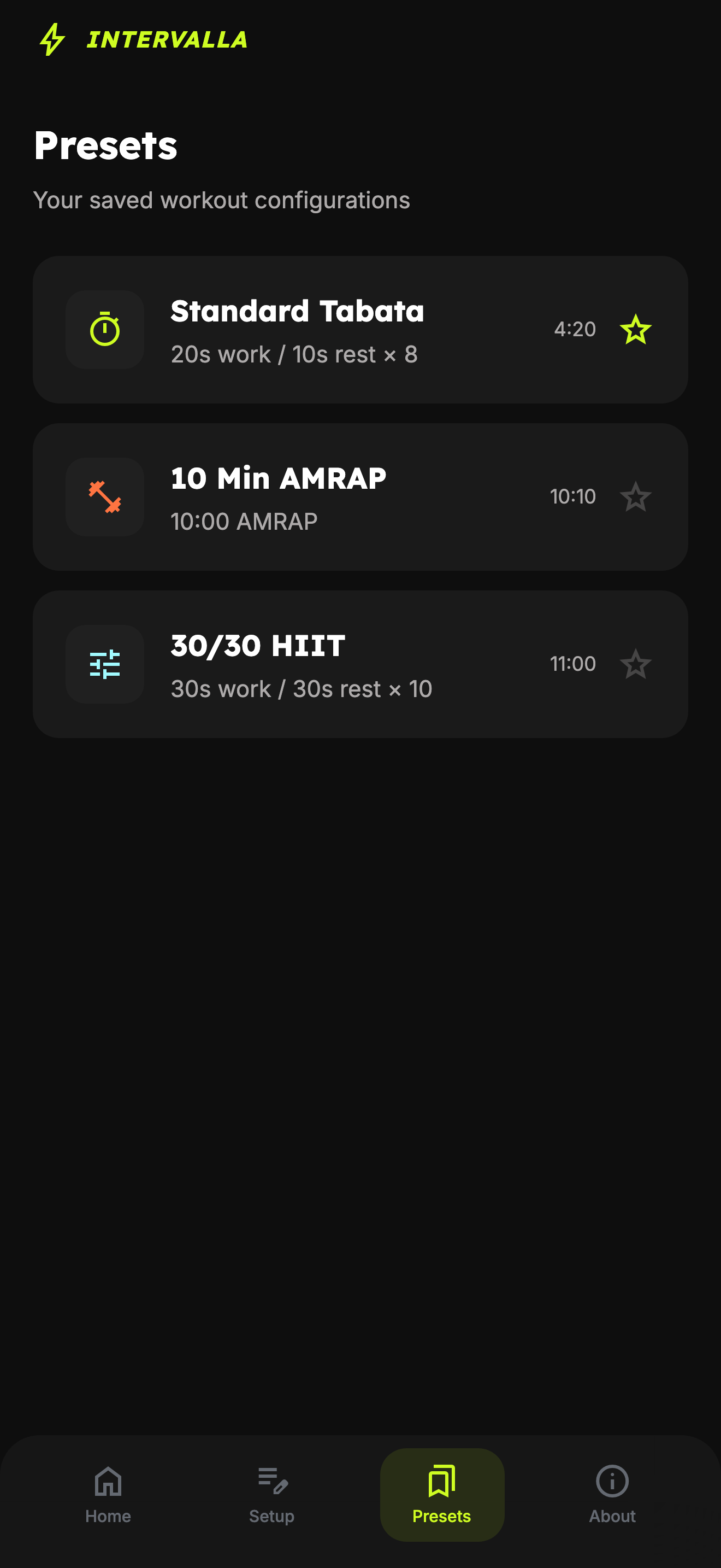 Saved workout presets list