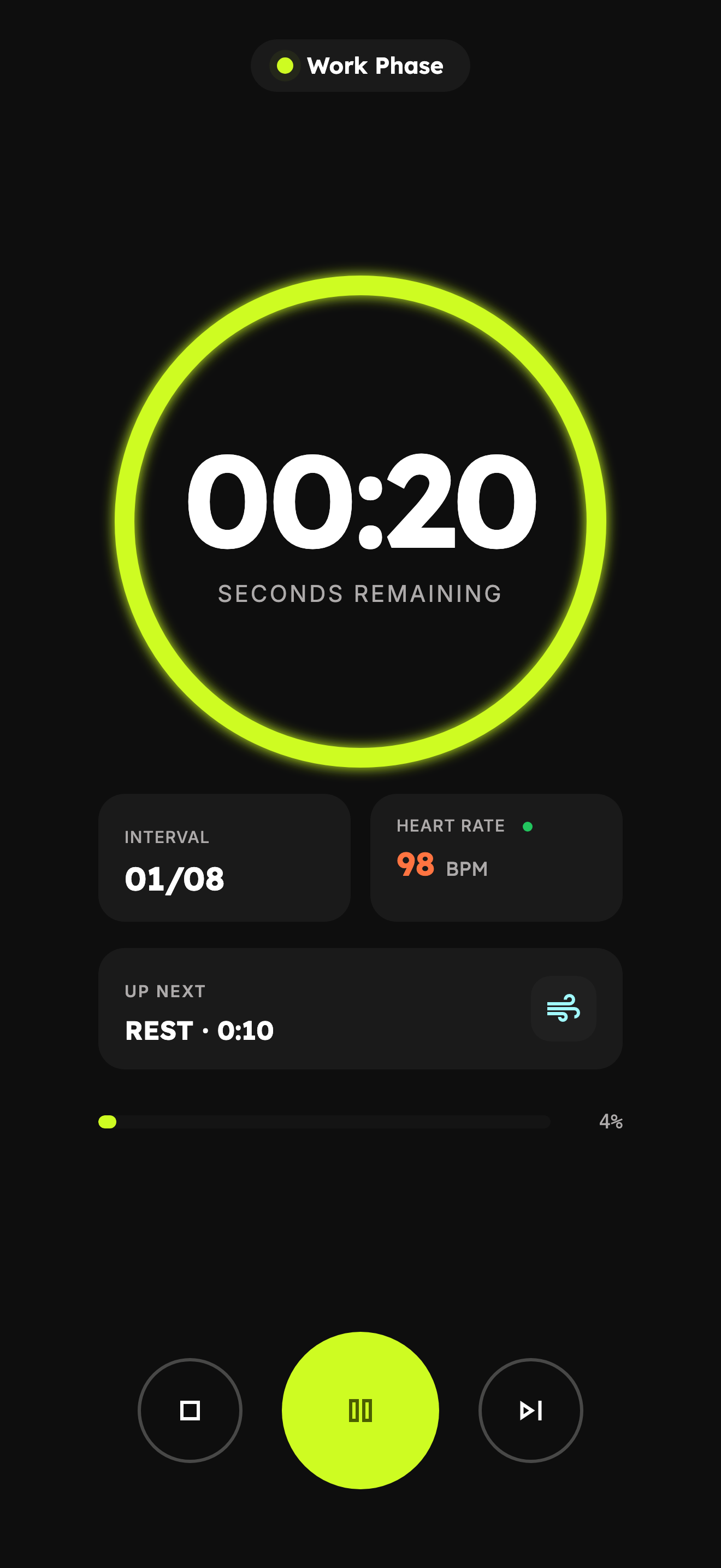 Intervalla app showing a 20-second work phase with heart rate monitoring